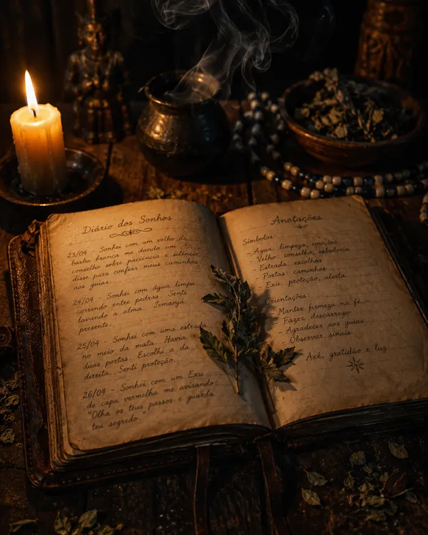 Diário de sonhos, caderno antigo à luz de vela